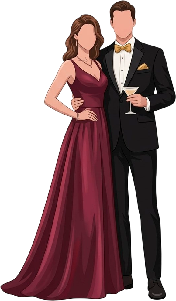 Pareja vestida de gala: ella con vestido largo, él de traje